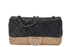 CHANEL CLASSIC FLAP BICOLOR (1267xxxx) MEDIUM BLACK & BEIGE LAMBSKIN SILVER HARDWARE WITH CARD, NO DUST COVER