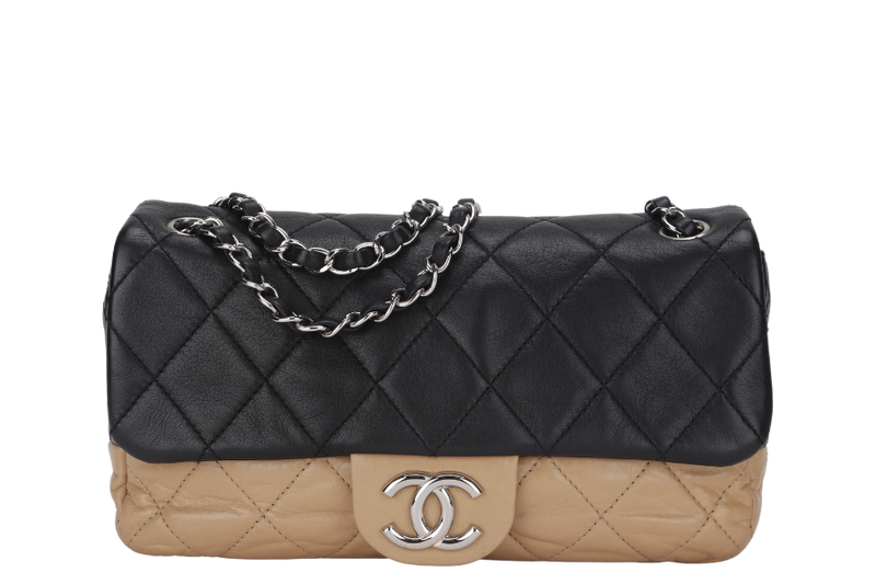 CHANEL CLASSIC FLAP BICOLOR (1267xxxx) MEDIUM BLACK & BEIGE LAMBSKIN SILVER HARDWARE WITH CARD, NO DUST COVER