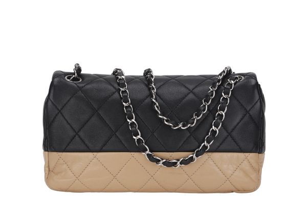 CHANEL CLASSIC FLAP BICOLOR (1267xxxx) MEDIUM BLACK & BEIGE LAMBSKIN SILVER HARDWARE WITH CARD, NO DUST COVER