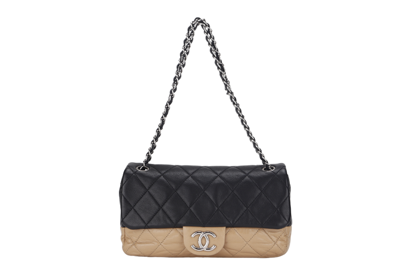 CHANEL CLASSIC FLAP BICOLOR (1267xxxx) MEDIUM BLACK & BEIGE LAMBSKIN SILVER HARDWARE WITH CARD, NO DUST COVER