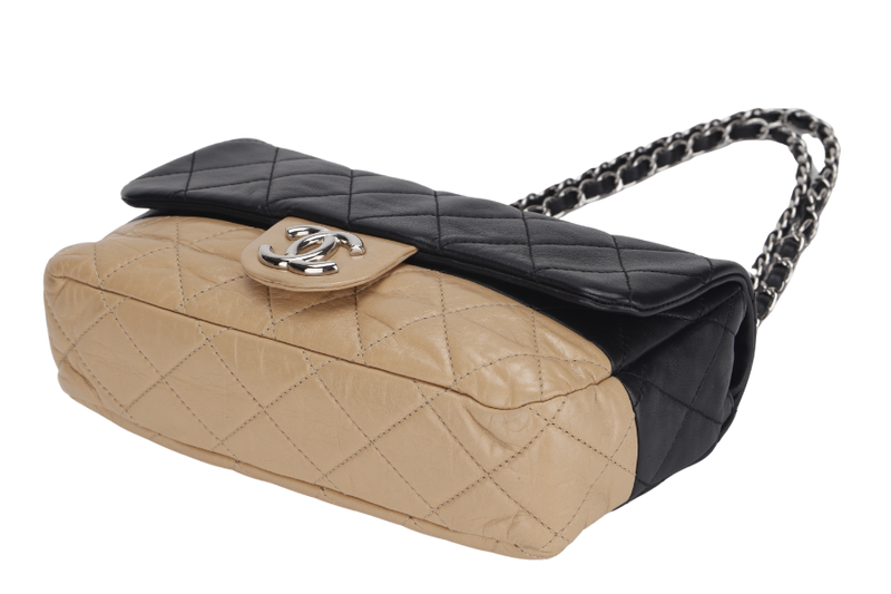 CHANEL CLASSIC FLAP BICOLOR (1267xxxx) MEDIUM BLACK & BEIGE LAMBSKIN SILVER HARDWARE WITH CARD, NO DUST COVER