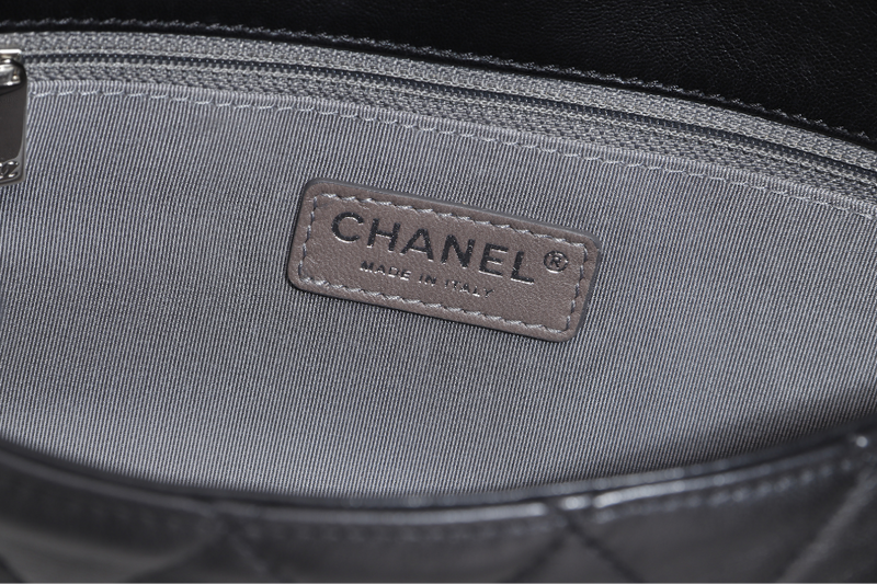 CHANEL CLASSIC FLAP BICOLOR (1267xxxx) MEDIUM BLACK & BEIGE LAMBSKIN SILVER HARDWARE WITH CARD, NO DUST COVER