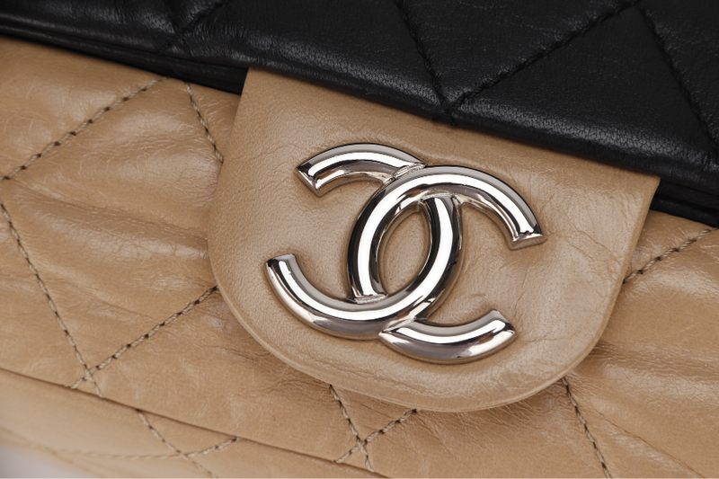 CHANEL CLASSIC FLAP BICOLOR (1267xxxx) MEDIUM BLACK & BEIGE LAMBSKIN SILVER HARDWARE WITH CARD, NO DUST COVER