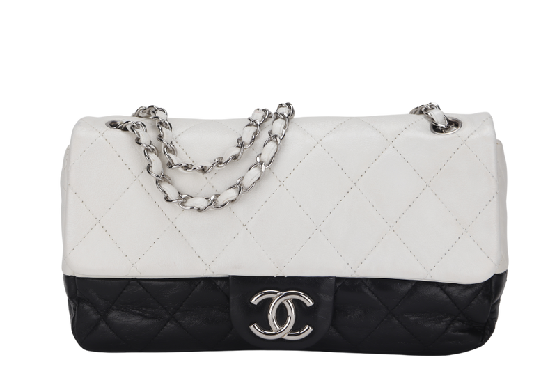 CHANEL CLASSIC FLAP BICOLOR (1267xxxx) MEDIUM BLACK & WHITE LAMBSKIN SILVER HARDWARE, NO CARD & DUST COVER