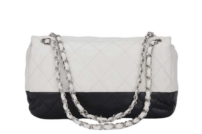 CHANEL CLASSIC FLAP BICOLOR (1267xxxx) MEDIUM BLACK & WHITE LAMBSKIN SILVER HARDWARE, NO CARD & DUST COVER