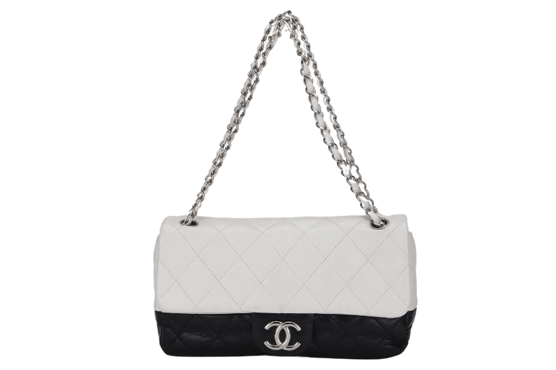 CHANEL CLASSIC FLAP BICOLOR (1267xxxx) MEDIUM BLACK & WHITE LAMBSKIN SILVER HARDWARE, NO CARD & DUST COVER