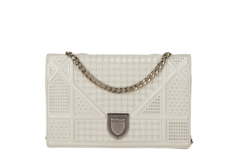 CHRISTIAN DIOR DIORAMA WALLET ON CHAIN  WHITE PATENT LEATHER GOLD HARDWARE 09-BO-1116 WITH CHAIN STRAP