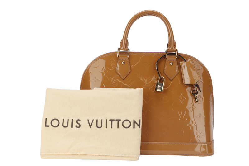 LOUIS VUITTON ALMA PM BROWN VERNIS LEATHER GOLD HARDWARE WITH DUST COVER, KEYS AND PADLOCK