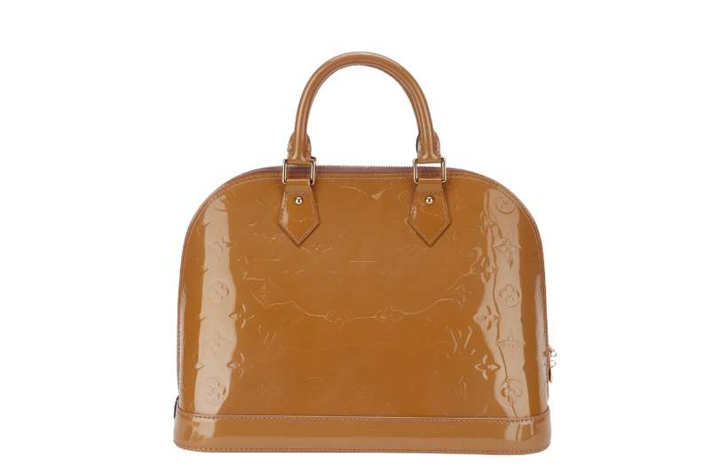 LOUIS VUITTON ALMA PM BROWN VERNIS LEATHER GOLD HARDWARE WITH DUST COVER, KEYS AND PADLOCK