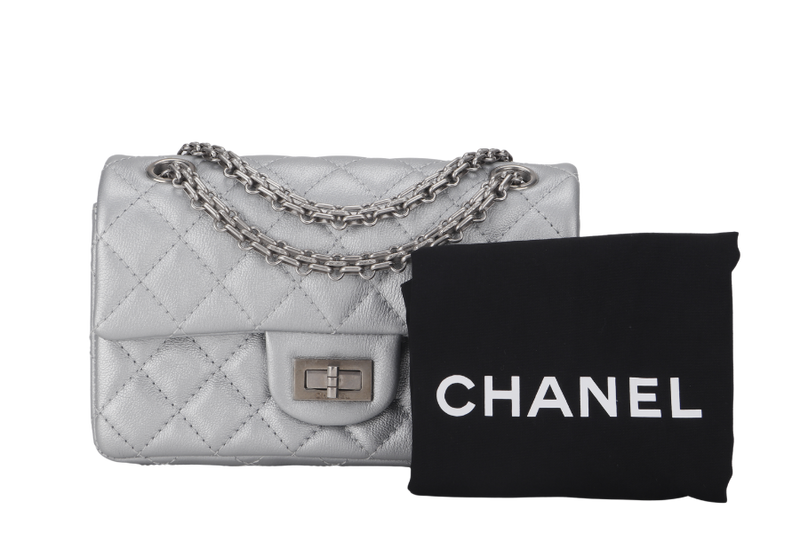 CHANEL CLASSIC FLAP REISSUE 2.55 MINI SILVER CALFSKIN SHW AUL4xxxx(MICROCHIP) WITH DUST COVER AND BOX