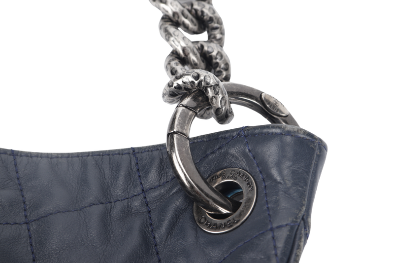 CHANEL PLEATS HOBO BAG (1673xxxx) LARGE BLUE QUILTED CALFSKIN SILVER HARDWARE NO DUST COVER