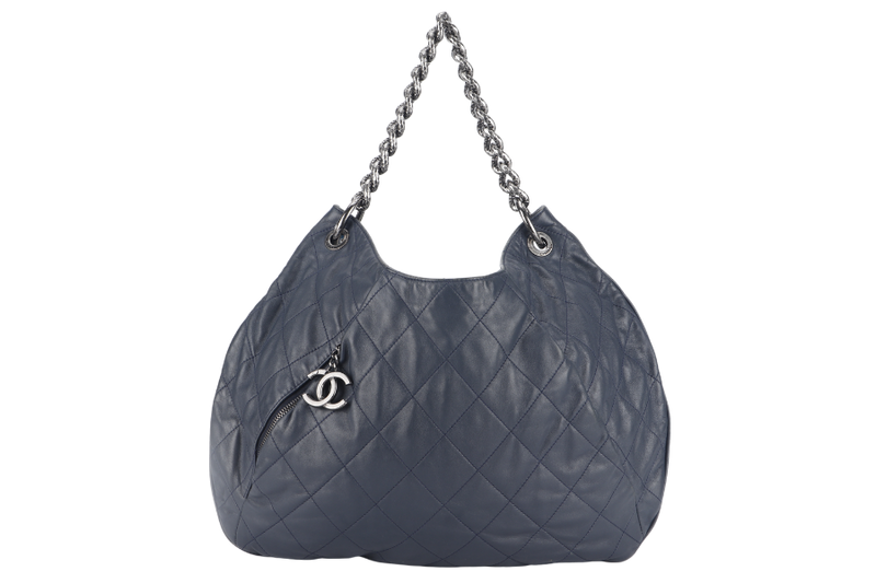 CHANEL PLEATS HOBO BAG (1673xxxx) LARGE BLUE QUILTED CALFSKIN SILVER HARDWARE NO DUST COVER