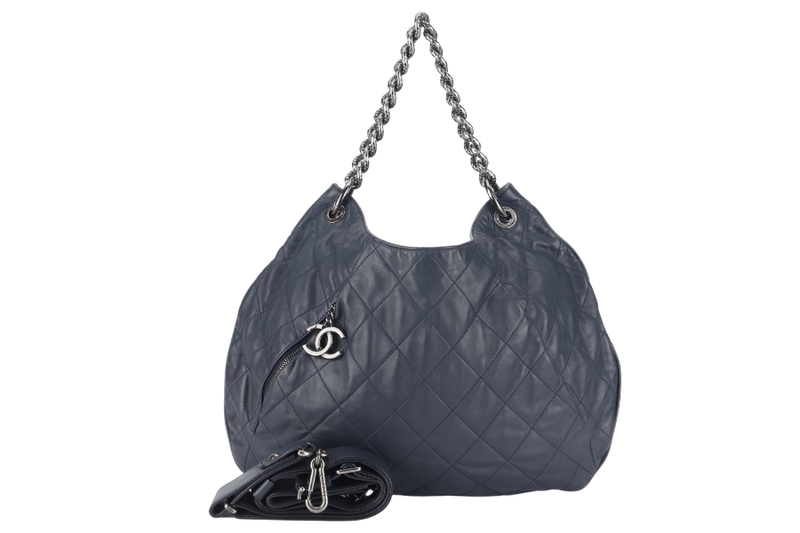 CHANEL PLEATS HOBO BAG (1673xxxx) LARGE BLUE QUILTED CALFSKIN SILVER HARDWARE NO DUST COVER