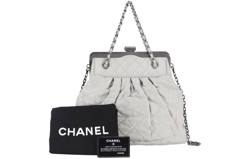 CHANEL CHIC FRAME TOTE (1484xxxx) LIGHT GREY CALFSKIN SILVER HARDWARE WITH CARD AND DUST COVER