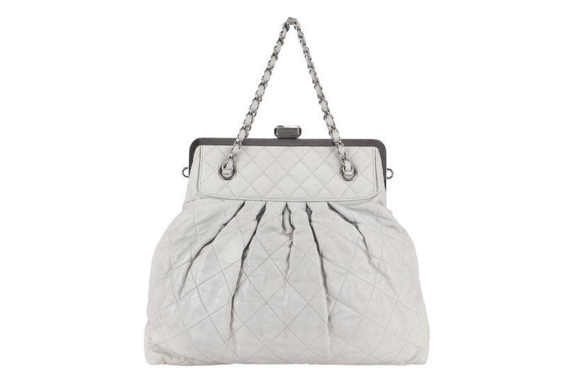 CHANEL CHIC FRAME TOTE (1484xxxx) LIGHT GREY CALFSKIN SILVER HARDWARE WITH CARD AND DUST COVER