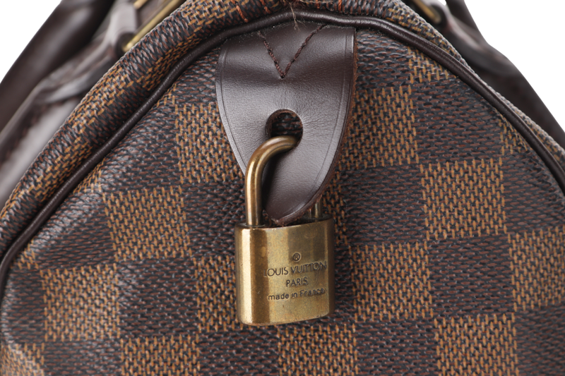 LOUIS VUITTON SPEEDY 25 DAMIER EBENE CANVAS GOLD HARDWARE WITH PADLOCK, NO KEY