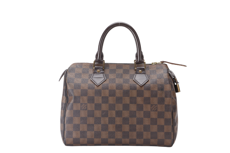 LOUIS VUITTON SPEEDY 25 DAMIER EBENE CANVAS GOLD HARDWARE WITH PADLOCK, NO KEY