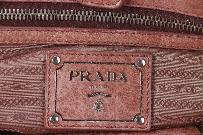 PRADA SHOPPER BAG PINK AGED CALF LEATHER SILVER HARDWARE WITH STRAP AND DUST COVER