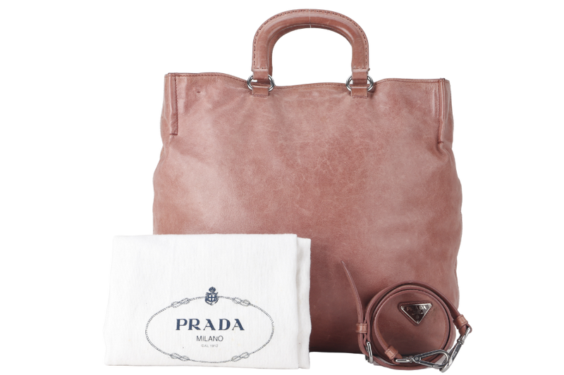 PRADA SHOPPER BAG PINK AGED CALF LEATHER SILVER HARDWARE WITH STRAP AND DUST COVER