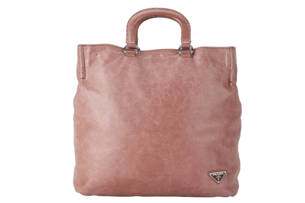 PRADA SHOPPER BAG PINK AGED CALF LEATHER SILVER HARDWARE WITH STRAP AND DUST COVER