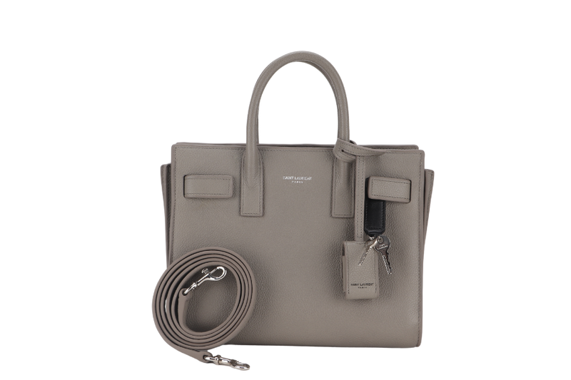 SAINT LAURENT (YSL) NANO SAC DE JOUR GREY GRAINED CALF LEATHER & SILVER HARDWARE WITH STRAP, KEYS&PADLOCK