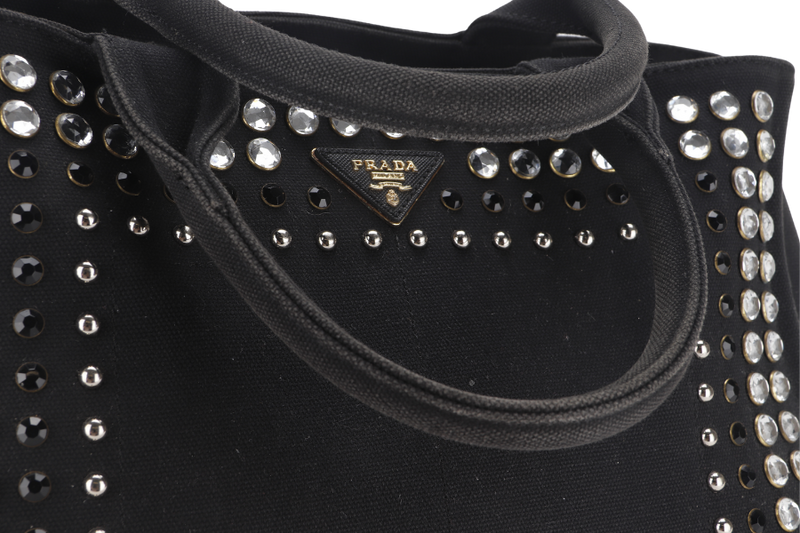 PRADA STUDS CANAPA TOTE GM (BN1877) BLACK CANVAS GOLD HARDWARE WITH CARD NO DUST COVER