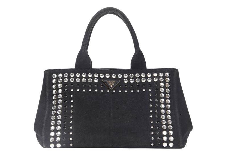 PRADA STUDS CANAPA TOTE GM (BN1877) BLACK CANVAS GOLD HARDWARE WITH CARD NO DUST COVER