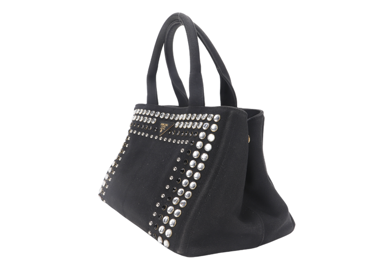 PRADA STUDS CANAPA TOTE GM (BN1877) BLACK CANVAS GOLD HARDWARE WITH CARD NO DUST COVER