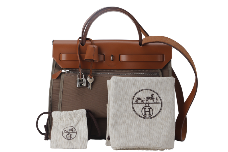 HERMES HERBAG ZIP 31 KHAKI TOILE CANVAS-VACHE HUNTER LEATHER PALLADIUM HARDWARE STAMP C (2018) WITH POUCH, LOCK&KEYS AND DUST COVER