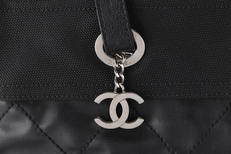 CHANEL PARIS BIARRITZ MEDIUM TOTE BAG BLACK COATED CANVAS SILVER HARDWARE (1580xxxx) WITH CARD, NO DUST COVER