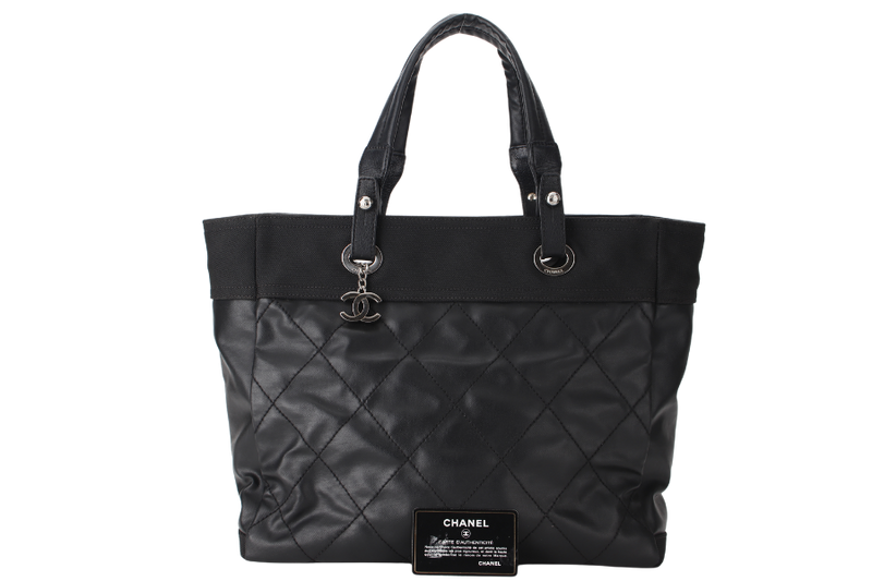 CHANEL PARIS BIARRITZ MEDIUM TOTE BAG BLACK COATED CANVAS SILVER HARDWARE (1580xxxx) WITH CARD, NO DUST COVER