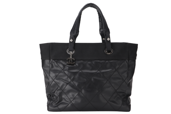 CHANEL PARIS BIARRITZ MEDIUM TOTE BAG BLACK COATED CANVAS SILVER HARDWARE (1580xxxx) WITH CARD, NO DUST COVER