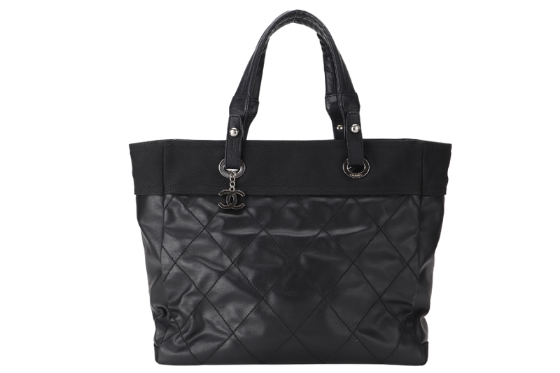 CHANEL PARIS BIARRITZ MEDIUM TOTE BAG BLACK COATED CANVAS SILVER HARDWARE (1580xxxx) WITH CARD, NO DUST COVER