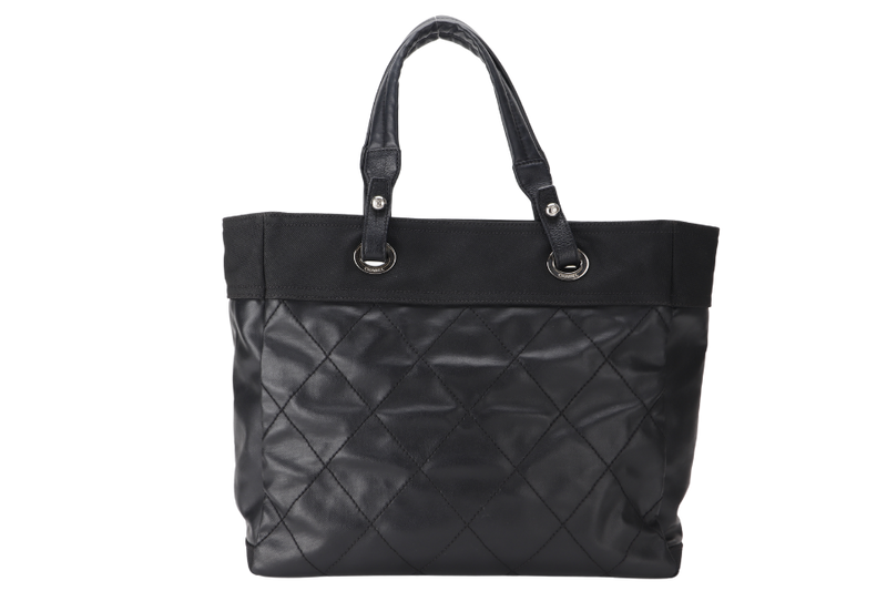 CHANEL PARIS BIARRITZ MEDIUM TOTE BAG BLACK COATED CANVAS SILVER HARDWARE (1580xxxx) WITH CARD, NO DUST COVER