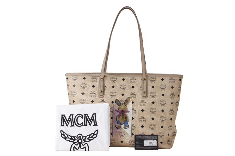 mcm rabbit top zip shopper in visetos beige tote bag gold hardware no dust cover