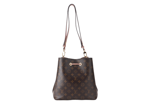 LOUIS VUITTON NEO NOE MM (M44022) ROSE POUDRE MONOGRAM CANVAS GOLD HARDWARE WITH DUST COVER AND BOX