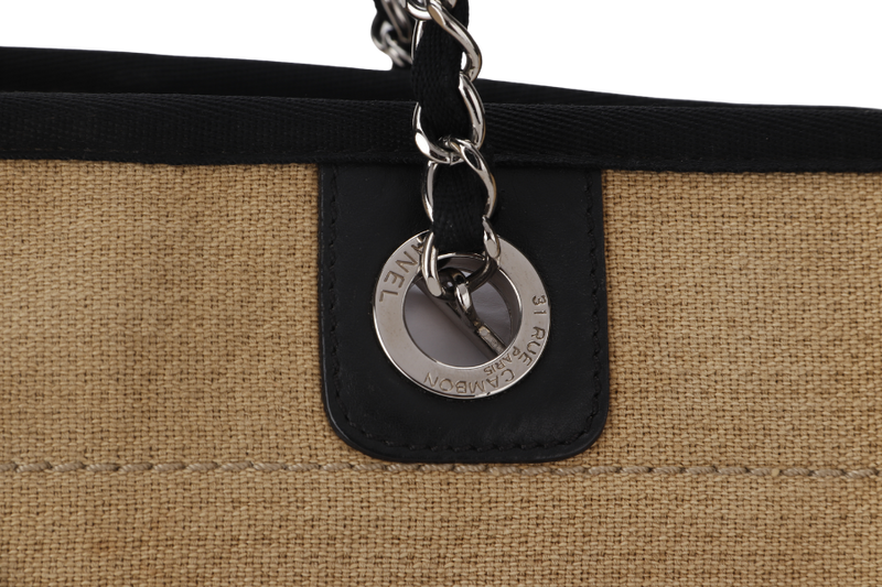 CHANEL DEAUVILLE MEDIUM BROWN CANVAS TOTE BAG SILVER HARDWARE (1609xxxx) WITH CARD NO DUST COVER