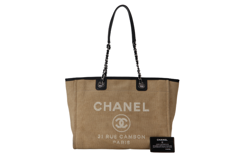 CHANEL DEAUVILLE MEDIUM BROWN CANVAS TOTE BAG SILVER HARDWARE (1609xxxx) WITH CARD NO DUST COVER