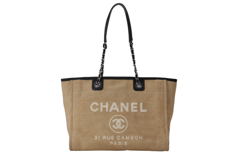 CHANEL DEAUVILLE MEDIUM BROWN CANVAS TOTE BAG SILVER HARDWARE (1609xxxx) WITH CARD NO DUST COVER