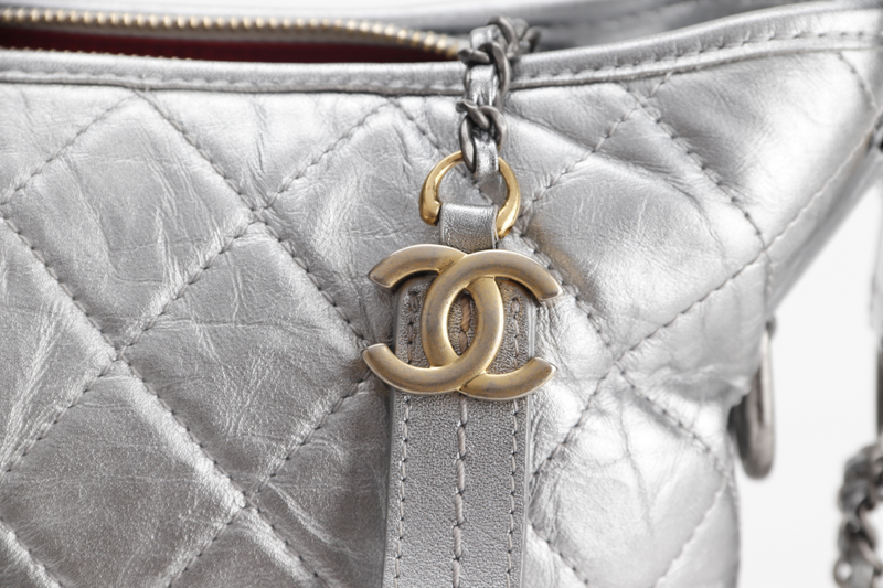 CHANEL GABRIELLE MEDIUM METALLIC SILVER CALFSKIN MIXED HARDWARE (2417xxxx) WITH CARD , DUST COVER AND BOX