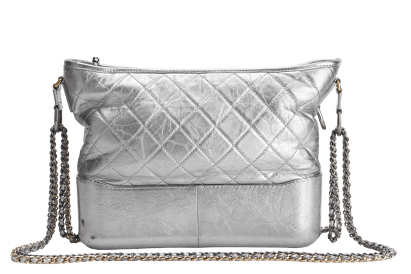 CHANEL GABRIELLE MEDIUM METALLIC SILVER CALFSKIN MIXED HARDWARE (2417xxxx) WITH CARD , DUST COVER AND BOX