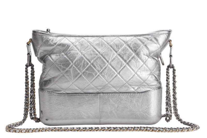 CHANEL GABRIELLE MEDIUM METALLIC SILVER CALFSKIN MIXED HARDWARE (2417xxxx) WITH CARD , DUST COVER AND BOX