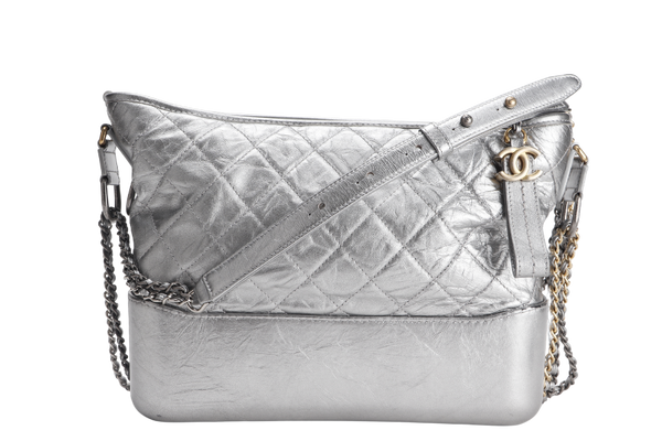 CHANEL GABRIELLE MEDIUM METALLIC SILVER CALFSKIN MIXED HARDWARE (2417xxxx) WITH CARD , DUST COVER AND BOX