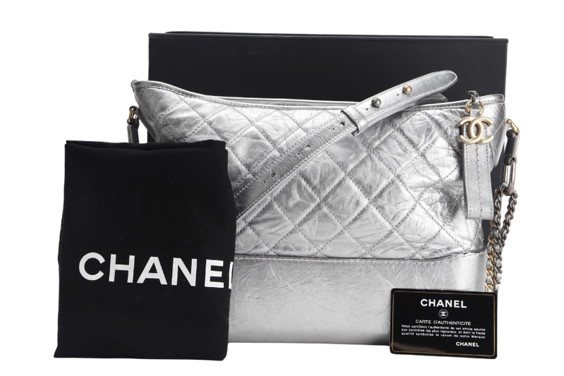 CHANEL GABRIELLE MEDIUM METALLIC SILVER CALFSKIN MIXED HARDWARE (2417xxxx) WITH CARD , DUST COVER AND BOX