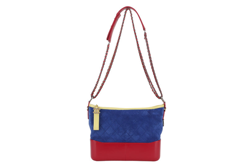 CHANEL GABRIEL HOBO BAG MEDIUM RED,BLUE, YELLOW SUEDE LEATHER GOLD HARDWARE (2424xxxx) WITH DUST COVER AND CARD