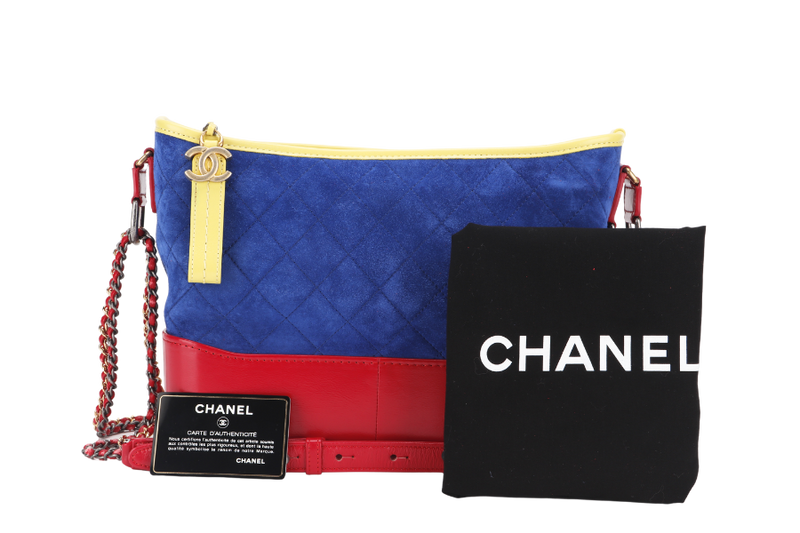 CHANEL GABRIEL HOBO BAG MEDIUM RED,BLUE, YELLOW SUEDE LEATHER GOLD HARDWARE (2424xxxx) WITH DUST COVER AND CARD