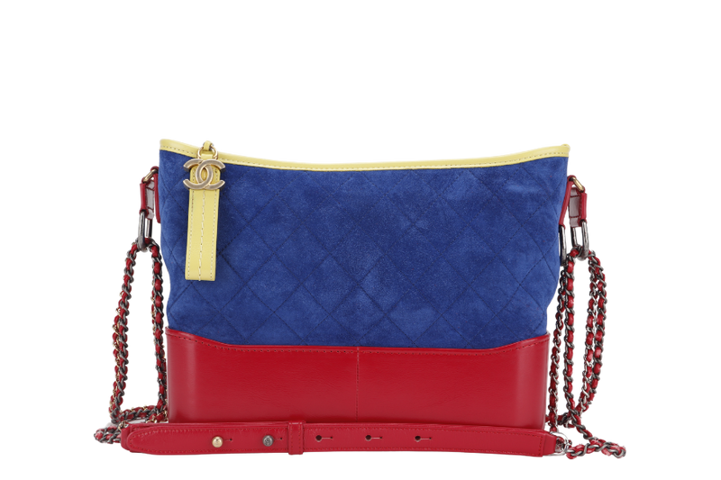 CHANEL GABRIEL HOBO BAG MEDIUM RED,BLUE, YELLOW SUEDE LEATHER GOLD HARDWARE (2424xxxx) WITH DUST COVER AND CARD