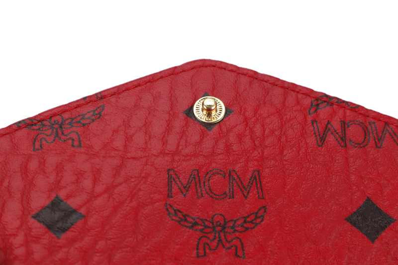 MCM RED VISETOS LEATHER ENVELOPE CLUTCH GOLD HARDWARE WITH BOX