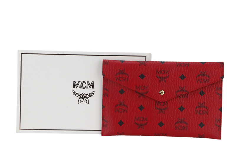 MCM RED VISETOS LEATHER ENVELOPE CLUTCH GOLD HARDWARE WITH BOX