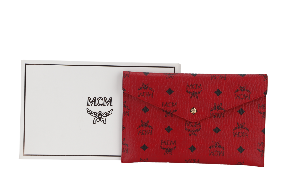 mcm red visetos leather envelope clutch gold hardware with box